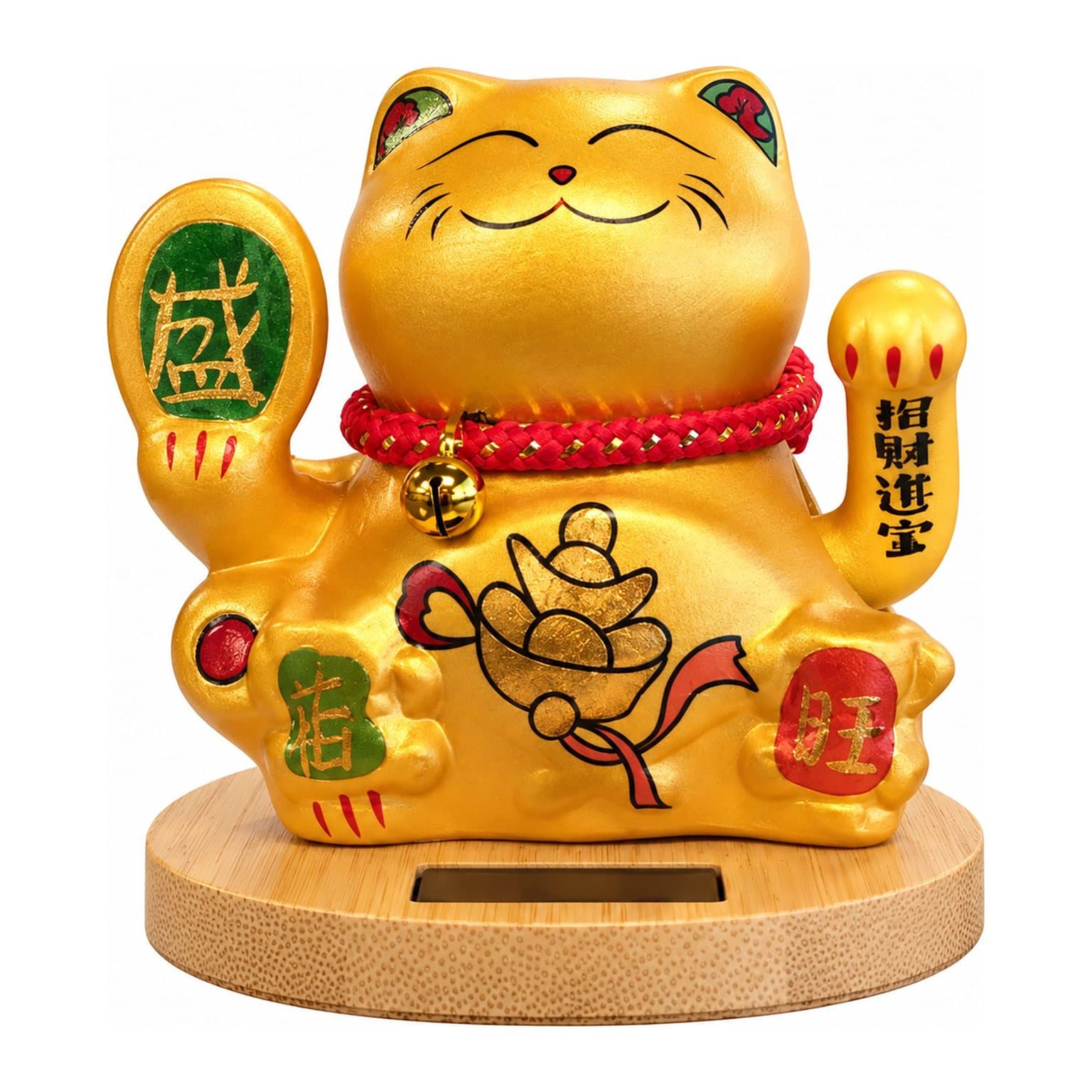 Solar money cat with raised paw and red cord collar on a wooden base