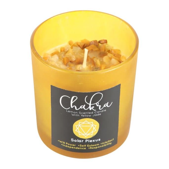 Lemon candle in yellow frosted glass with yellow jade crystal chips