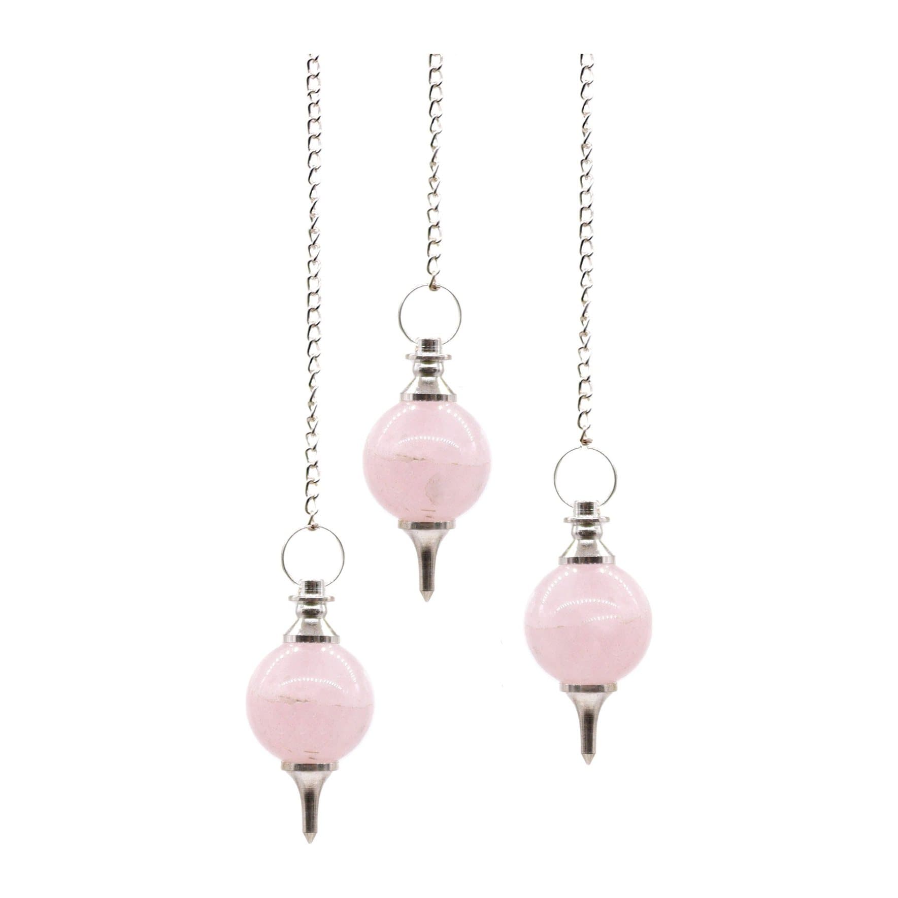Rose quartz sphere pendulum hanging from a silver plated chain