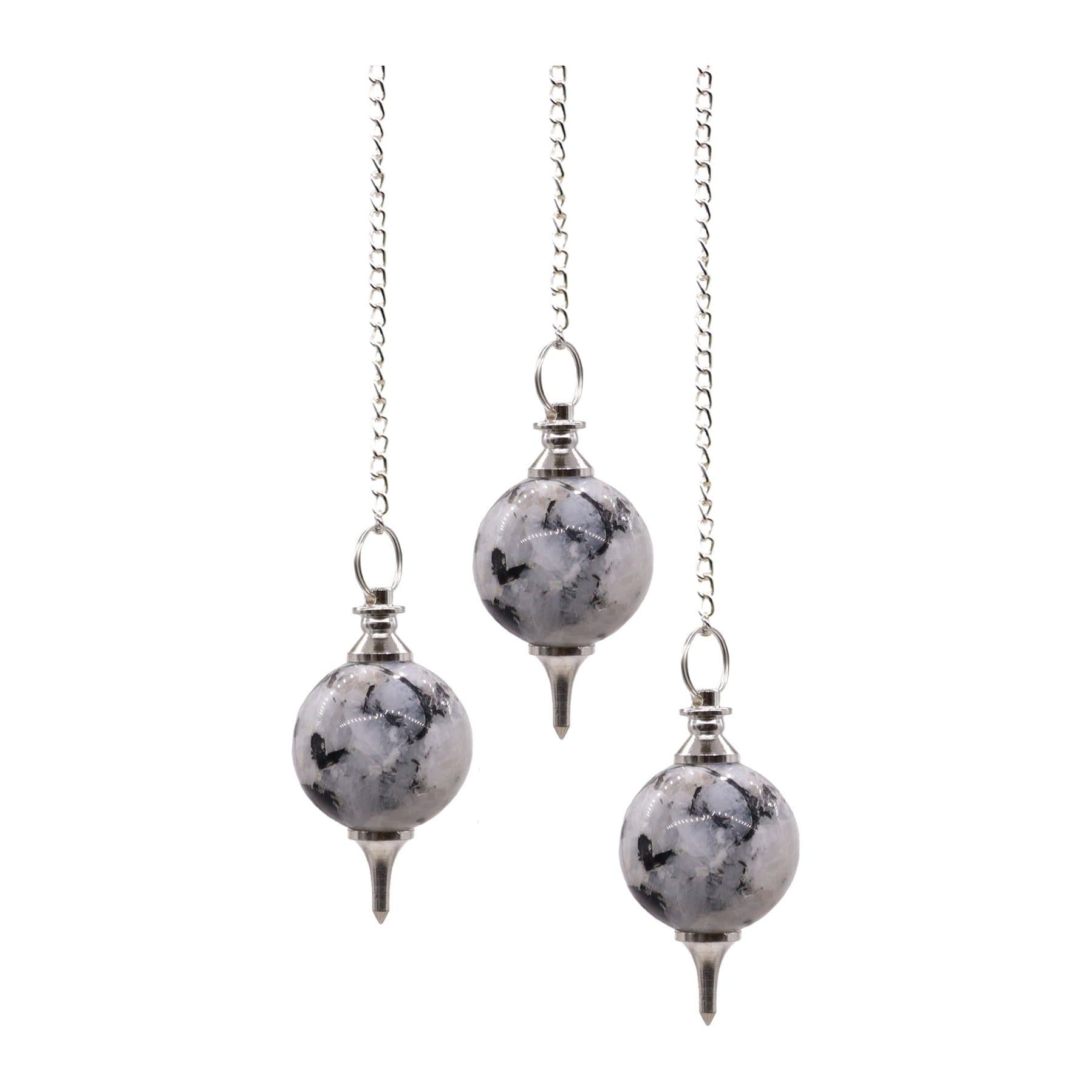 Round rainbow moonstone pendulum on a silver-plated chain
