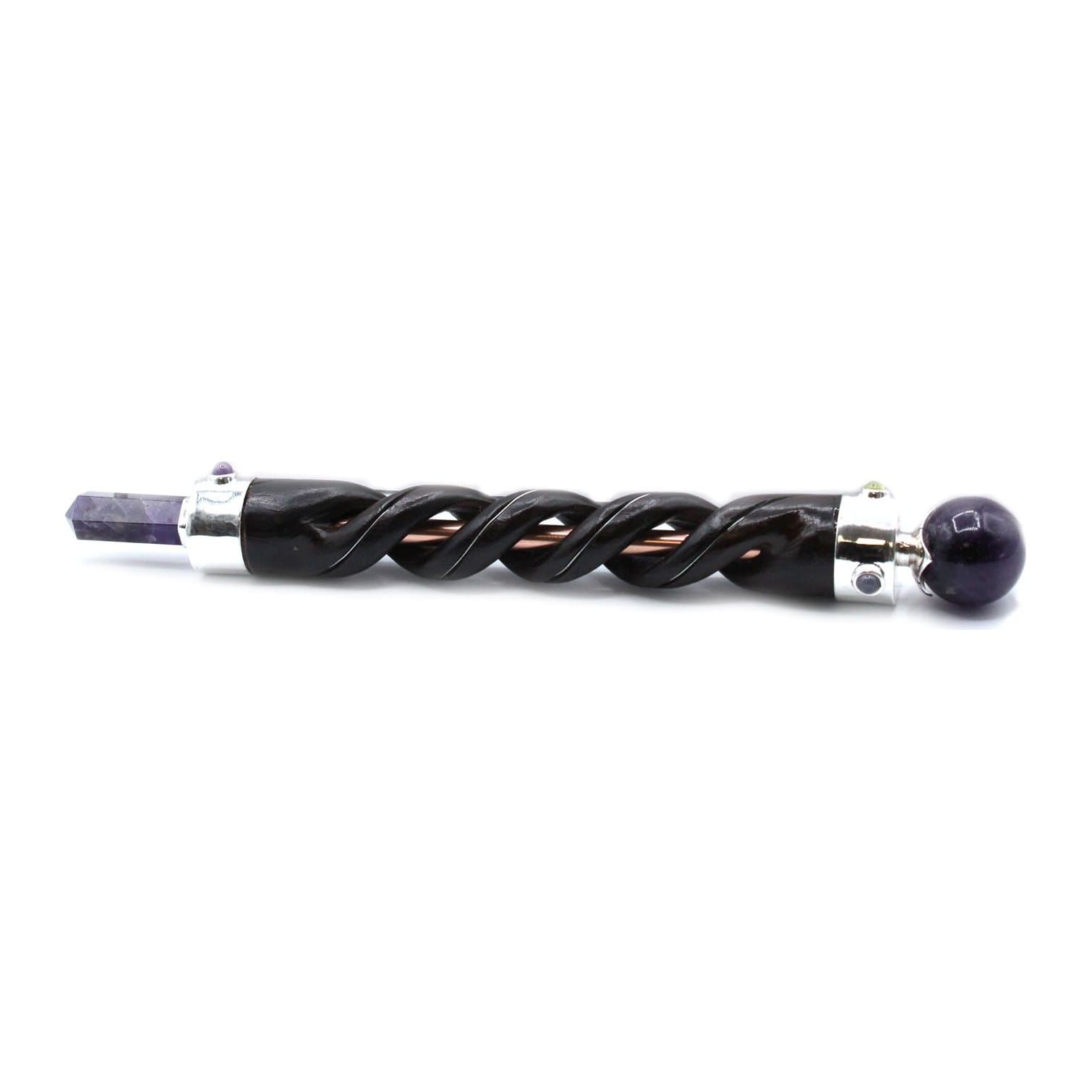 Spiral carved wand with copper pipe and amethyst