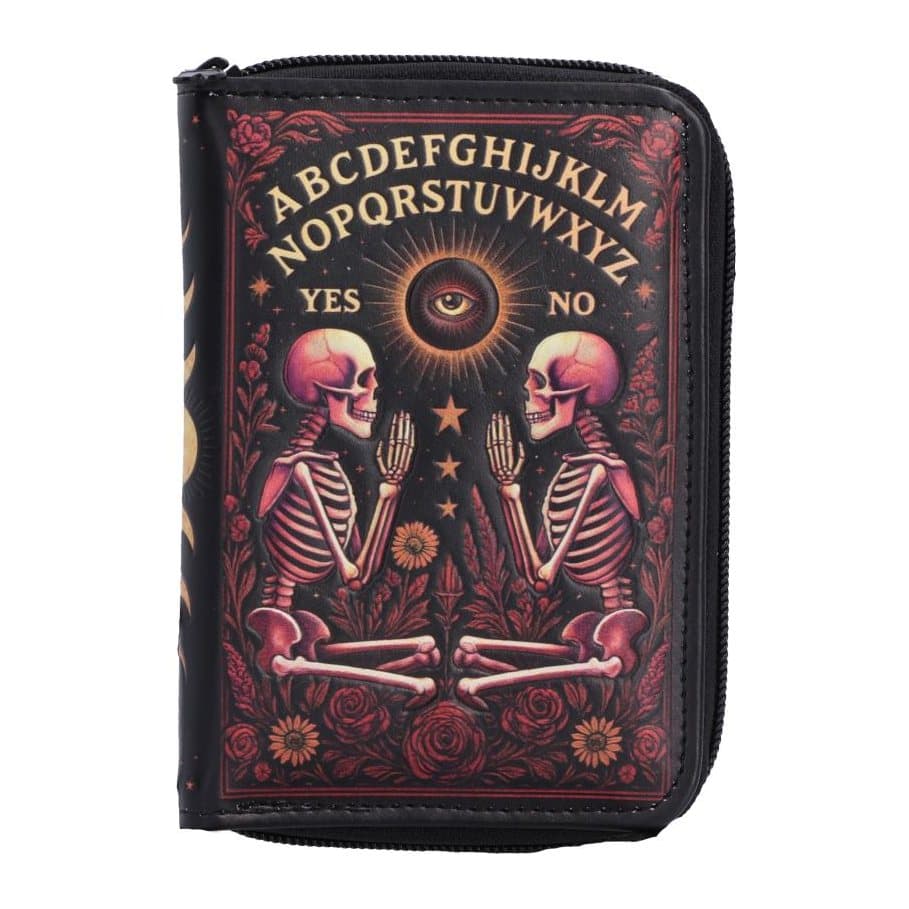 Embossed purse with two praying skeletons beneath Ouija board lettering