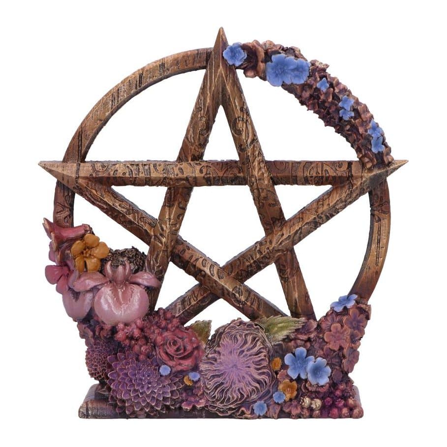 Pentagram ornament with pink and blue flowers on a wood-look resin base