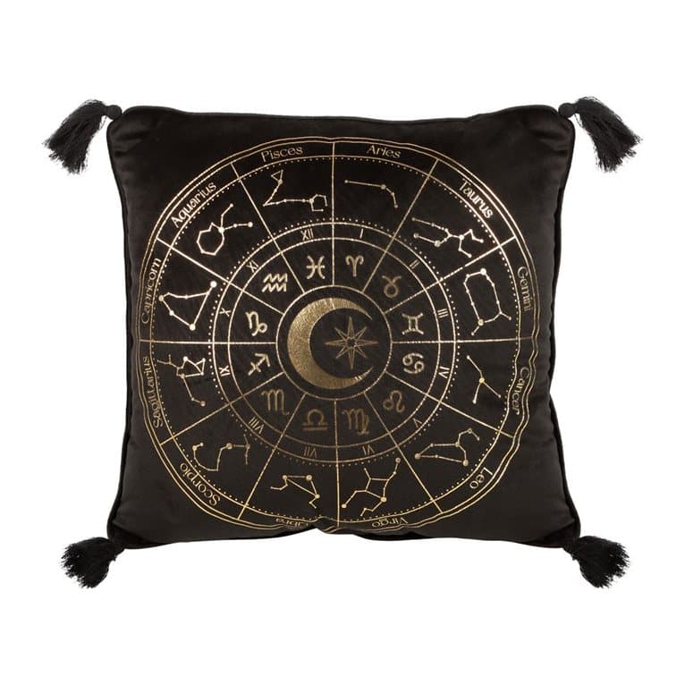 Black square astrology wheel cushion with black tassels