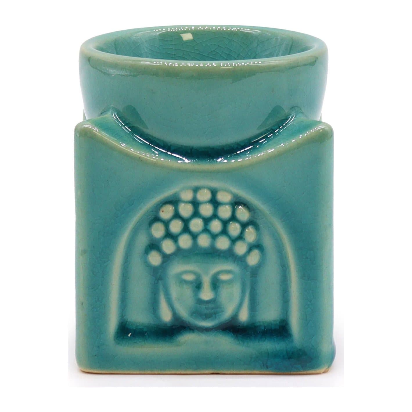 Square soft turquoise ceramic oil burner with a Buddha design