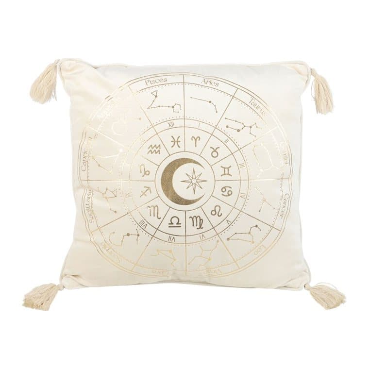 Off-white square cushion with astrology wheel design, gold finish and tassels