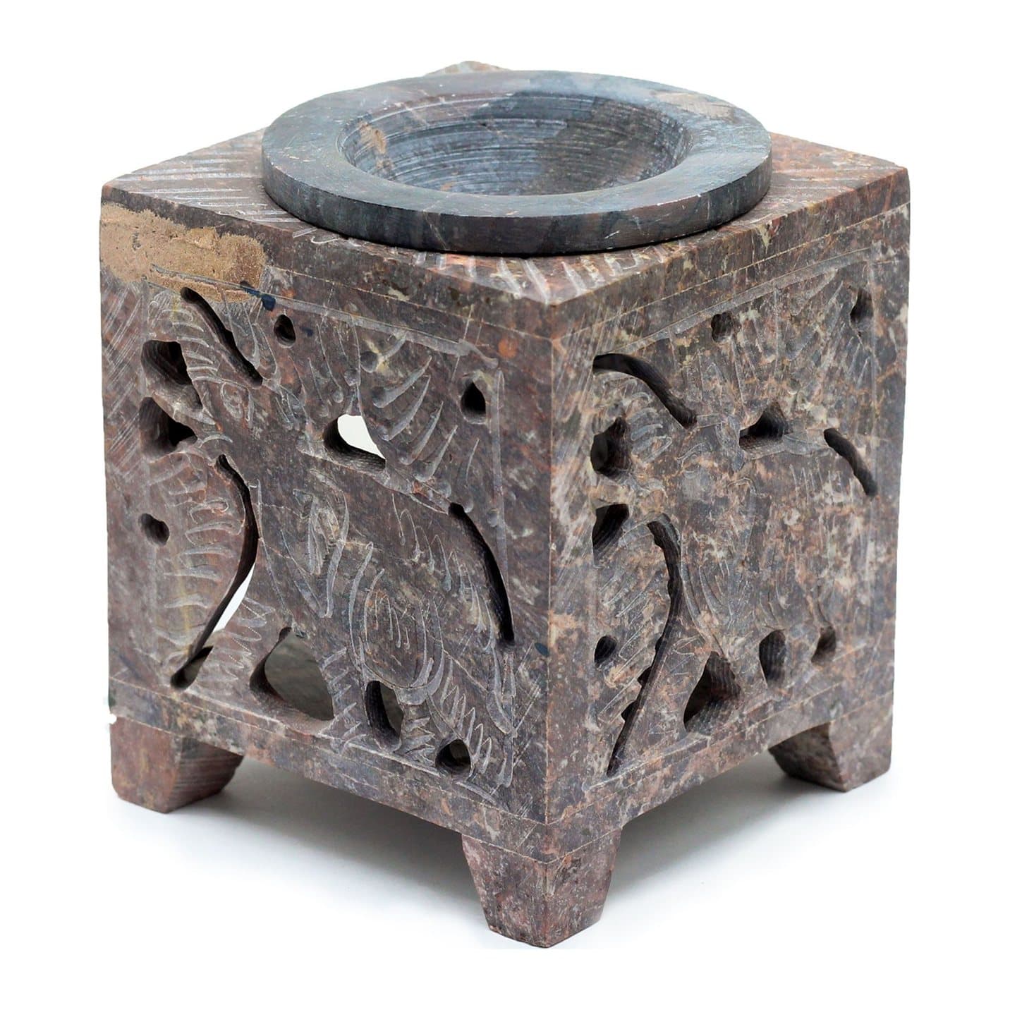 Square soapstone oil burner carved with elephants