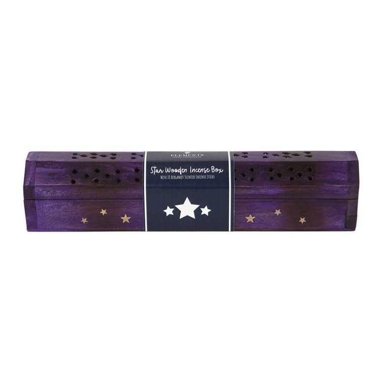 Mango wood incense box inlaid with golden stars, with bergamot incense sticks