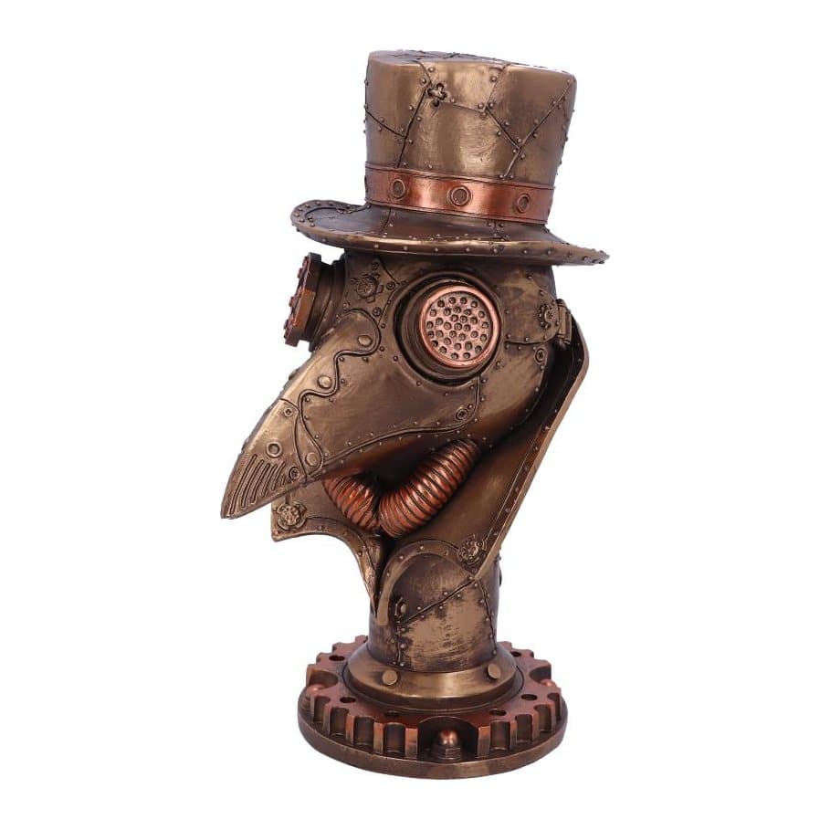 Steampunk plague doctor bust in bronzed resin resting on a bronzed cog