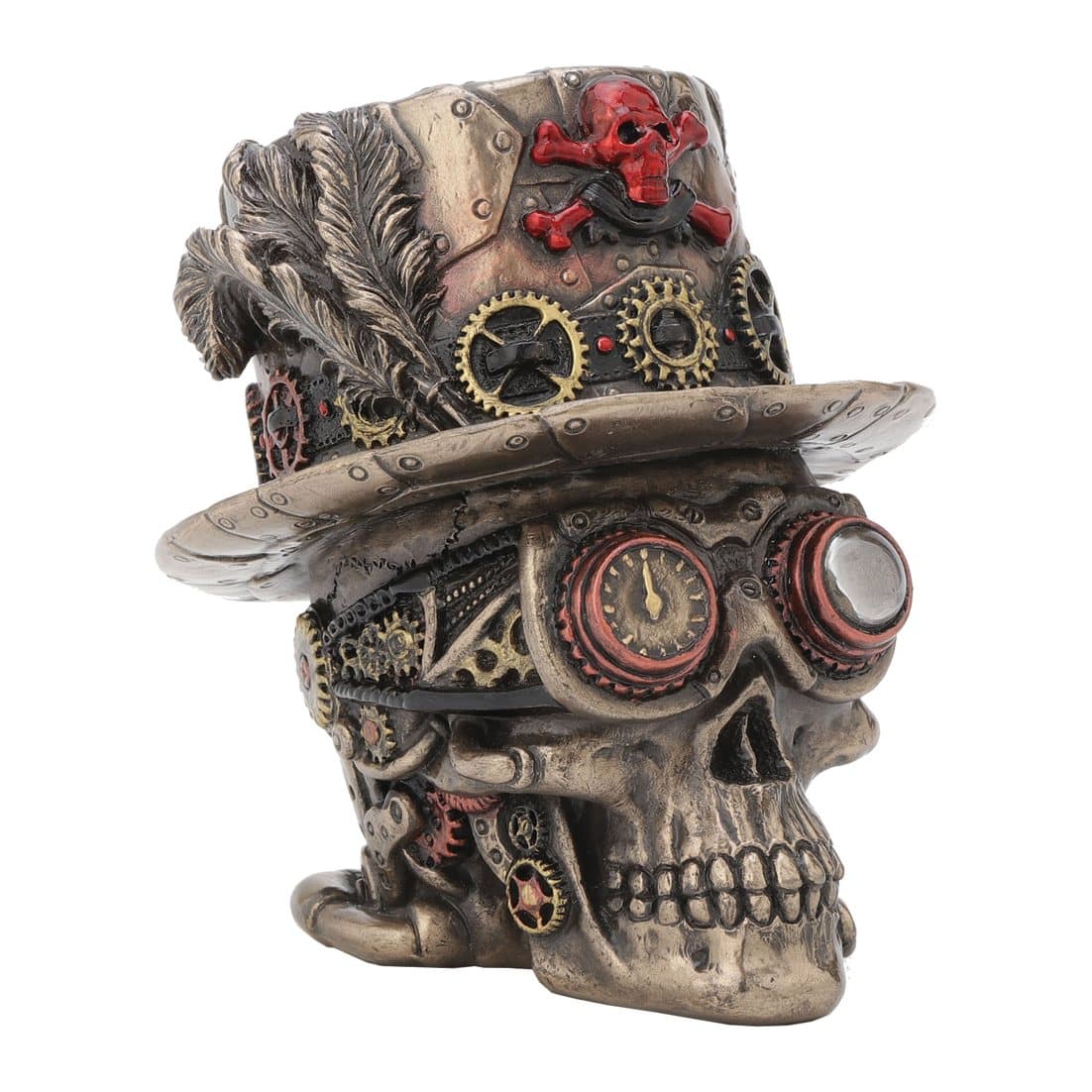 Steampunk skull figurine in a mechanical top hat with cogs and goggles
