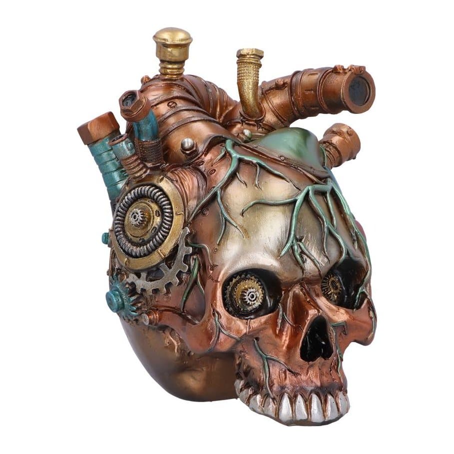 Steampunk skull sculpture shaped like a heart with clockwork eyes and industrial pipes