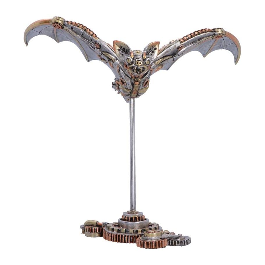 Steampunk mechanical bat figurine mid-flight above a gear-filled plinth