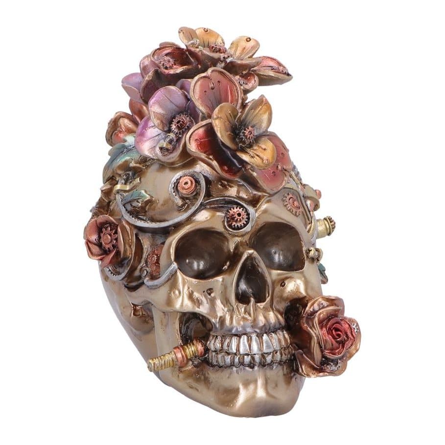 Steampunk skull figurine with gears, flowers and a rose