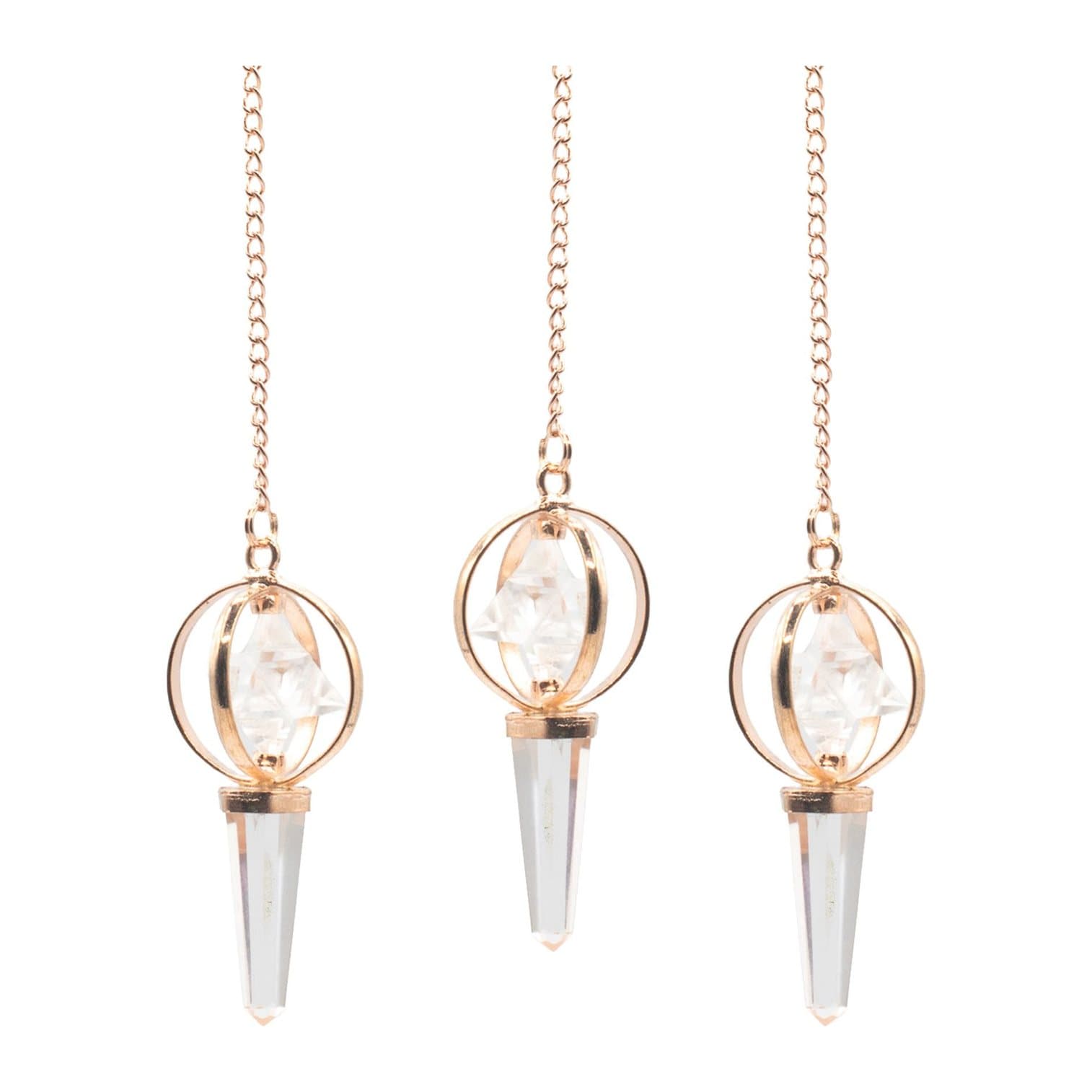 Clear quartz pendulum with spinning Merkaba star in a copper frame
