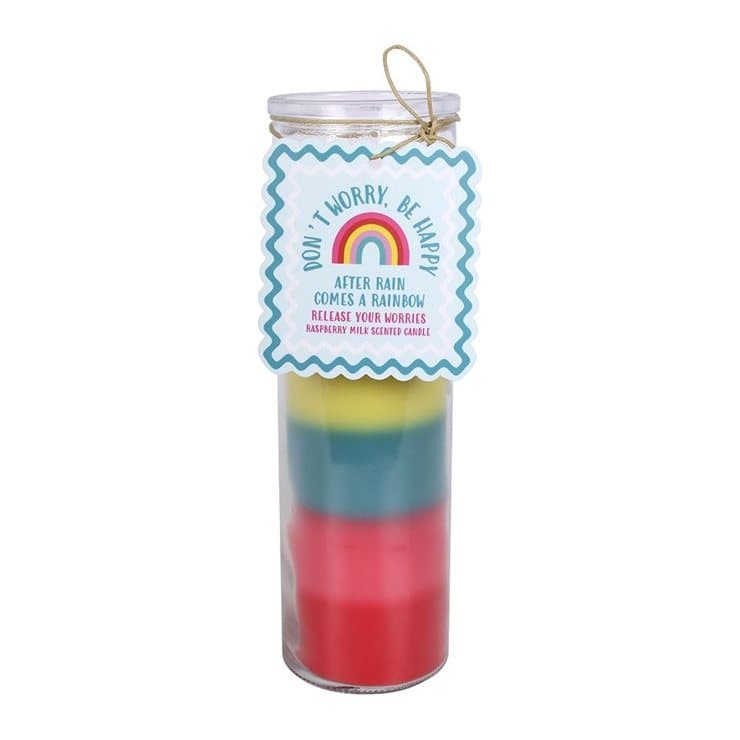 Tall rainbow-striped raspberry milk scented tube candle