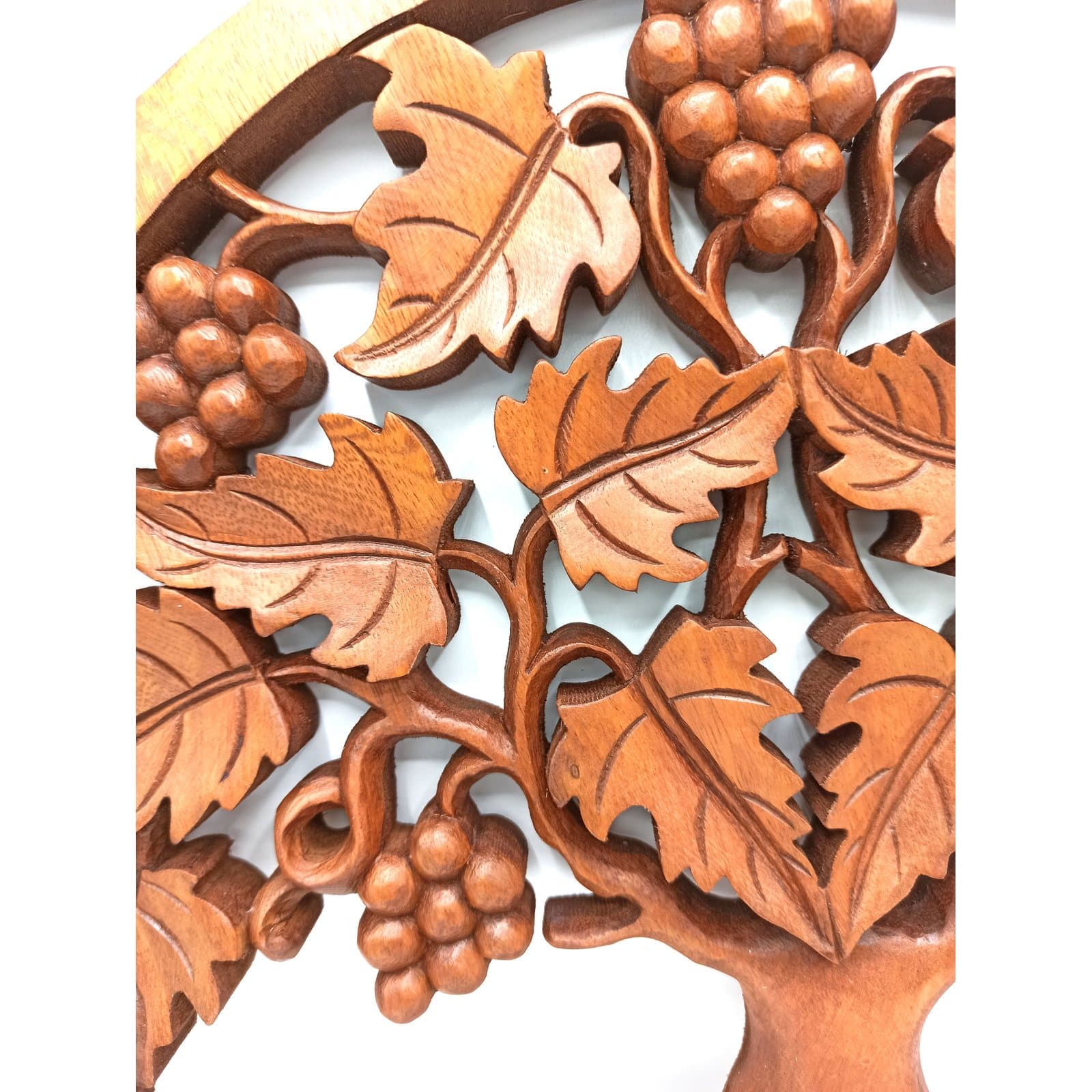 Square suar wood panel with a tree of life and grapes design