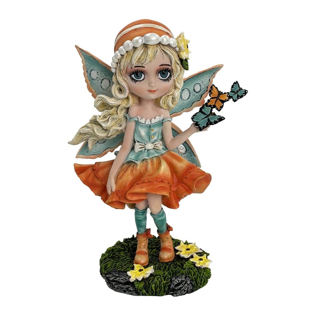 Summer Fae fairy figurine in orange and aqua holding butterflies among yellow flowers