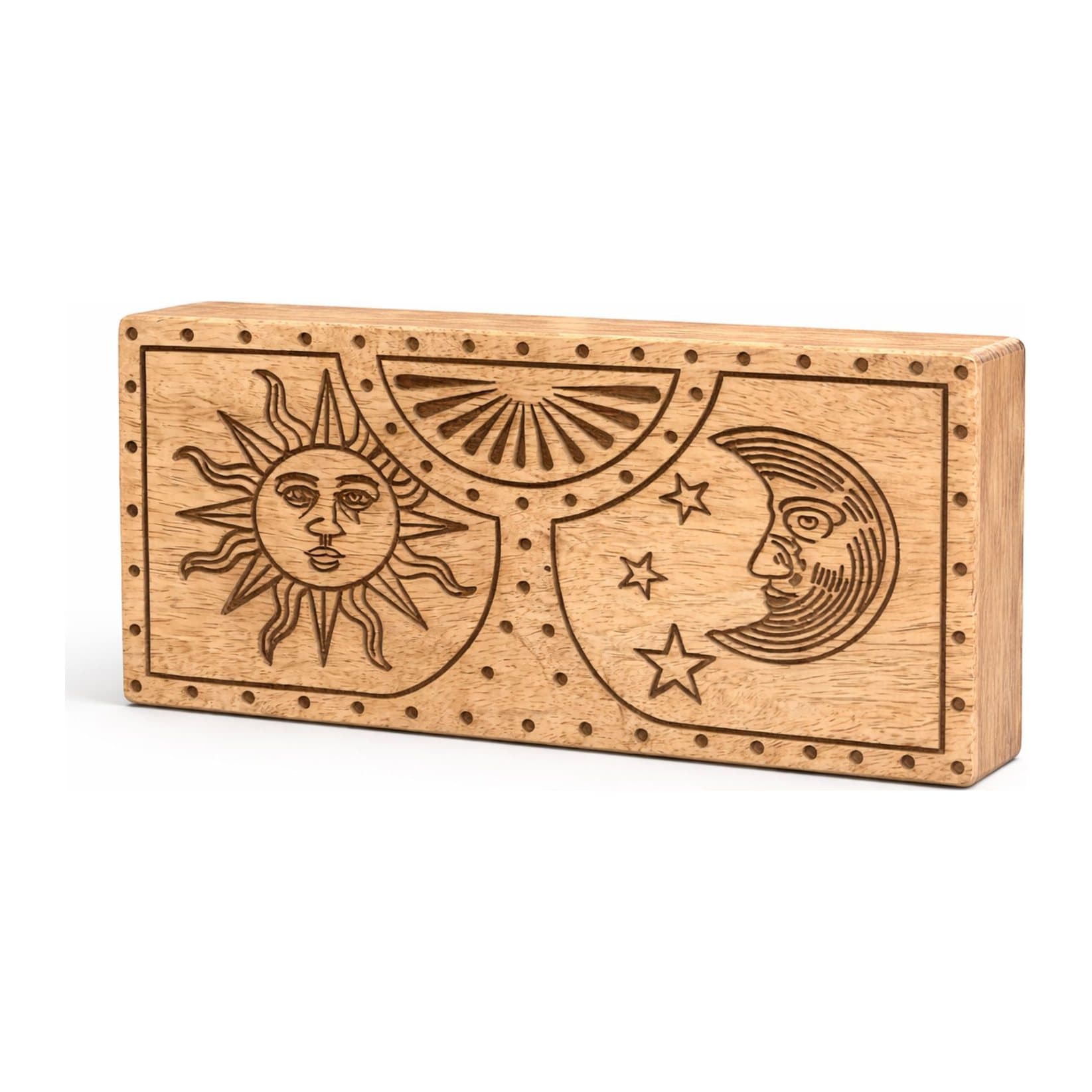 Slim carved wooden box with sun and moon engravings