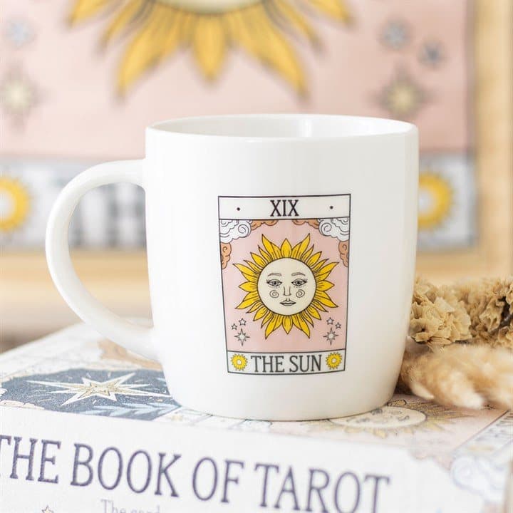 Ceramic mug with a vintage Sun tarot card design