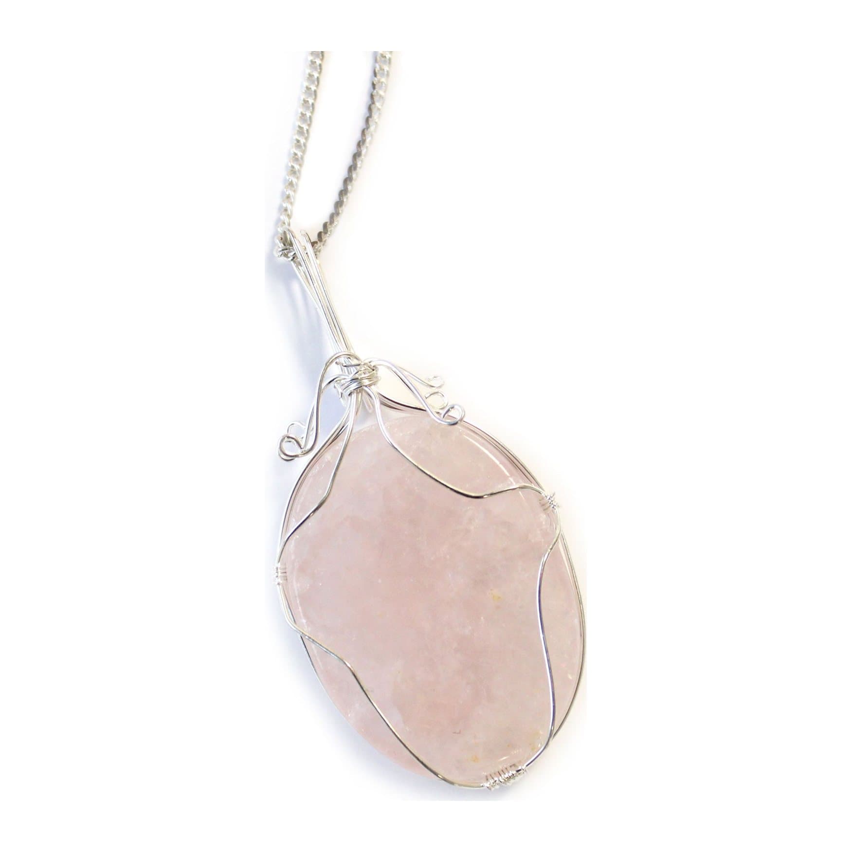 Rose quartz necklace wrapped with a delicate swirl on a chain