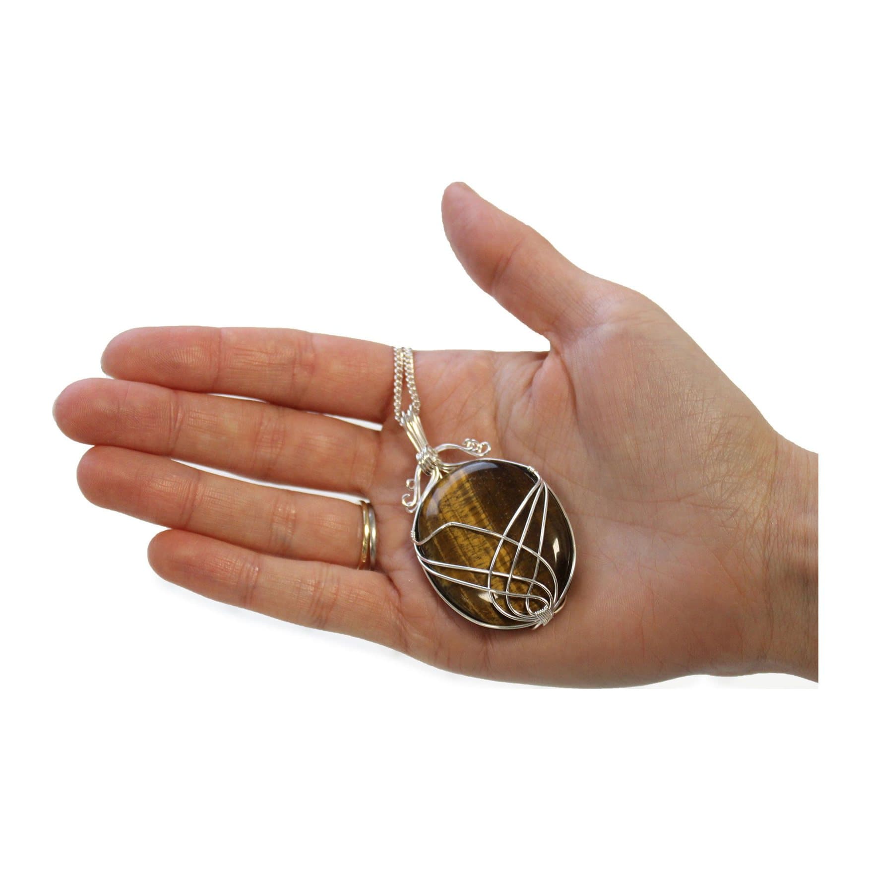 Tiger's eye gemstone necklace with a silver swirl wrap on a chain
