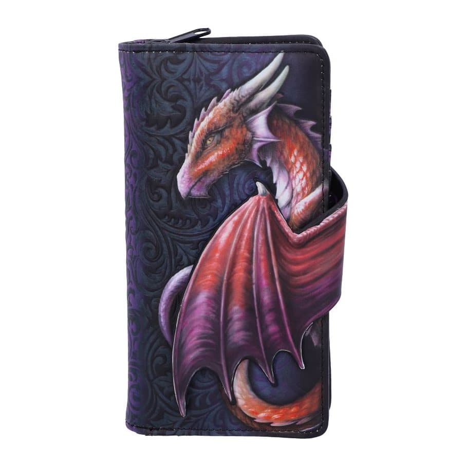 Gold embossed purse with a red dragon in profile and Baroque designs