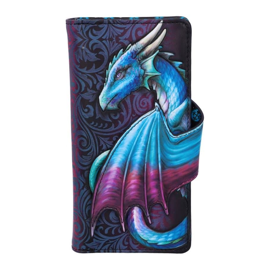Embossed blue dragon purse with its wing covering the side