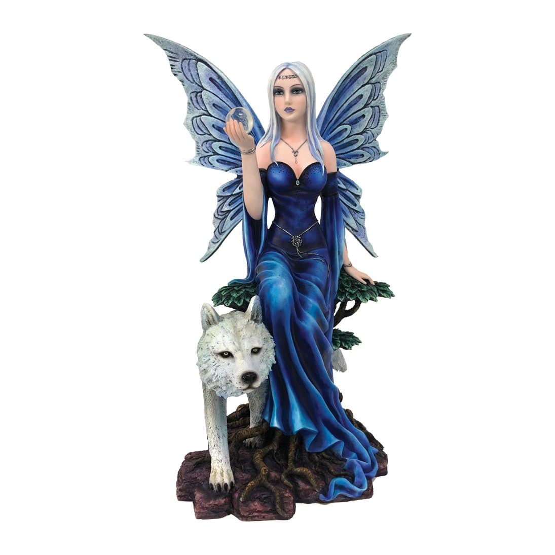 Silver-haired fairy in a blue dress on a tree with a white wolf