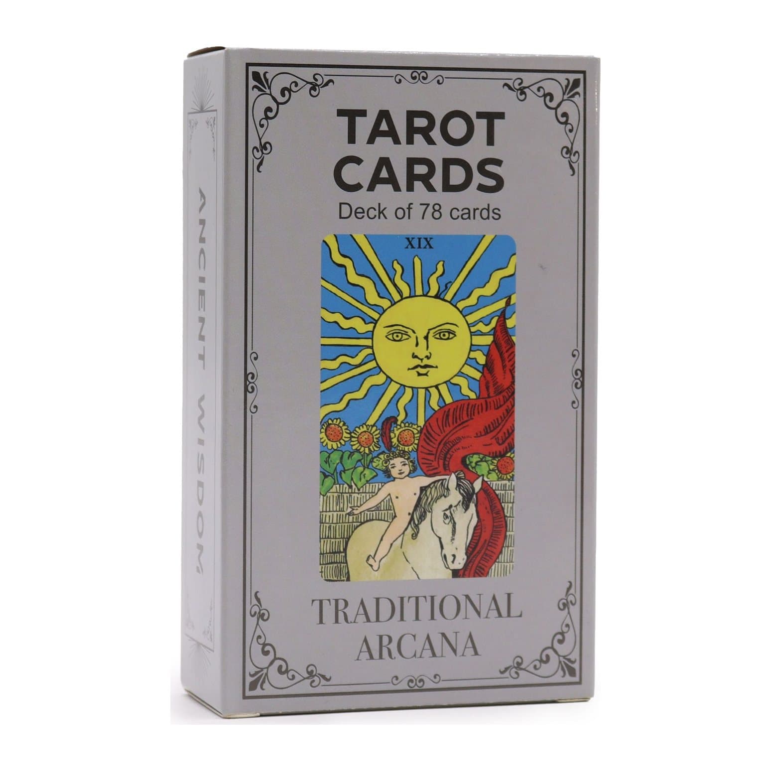 78-card tarot decks in Traditional, Goddess, Requiem and Golden styles with their boxes