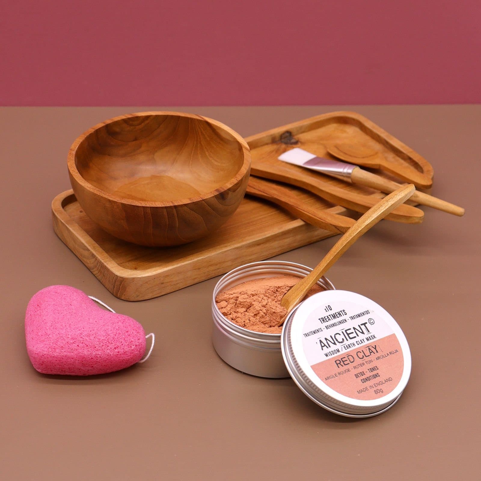 Teak wood spa clay and wax applicator set with plate and bowl