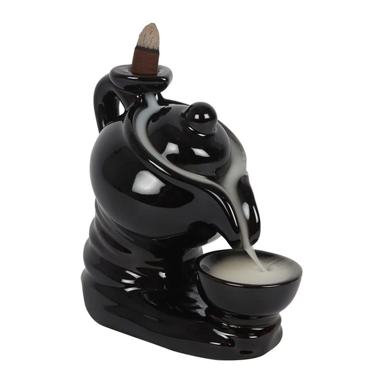 Black ceramic teapot and cup backflow incense burner