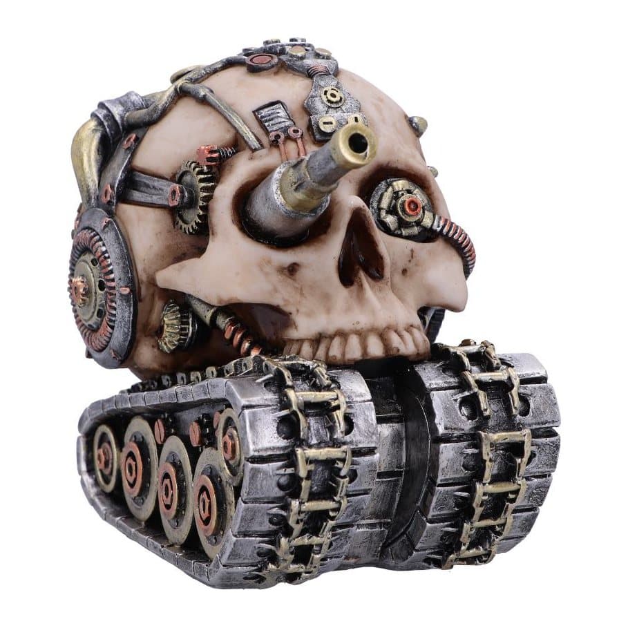 Steampunk skull on a continuous track with gold and silver pipes, cogs and gears