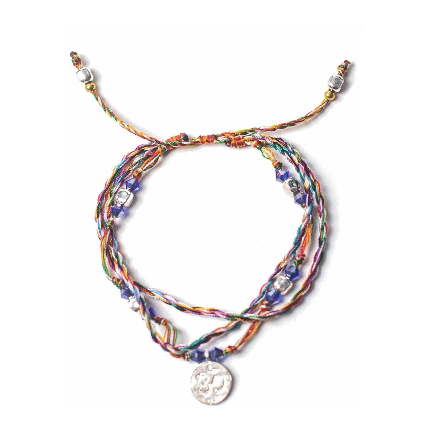Multicoloured string bracelet with a small silver-coloured Om charm and beads