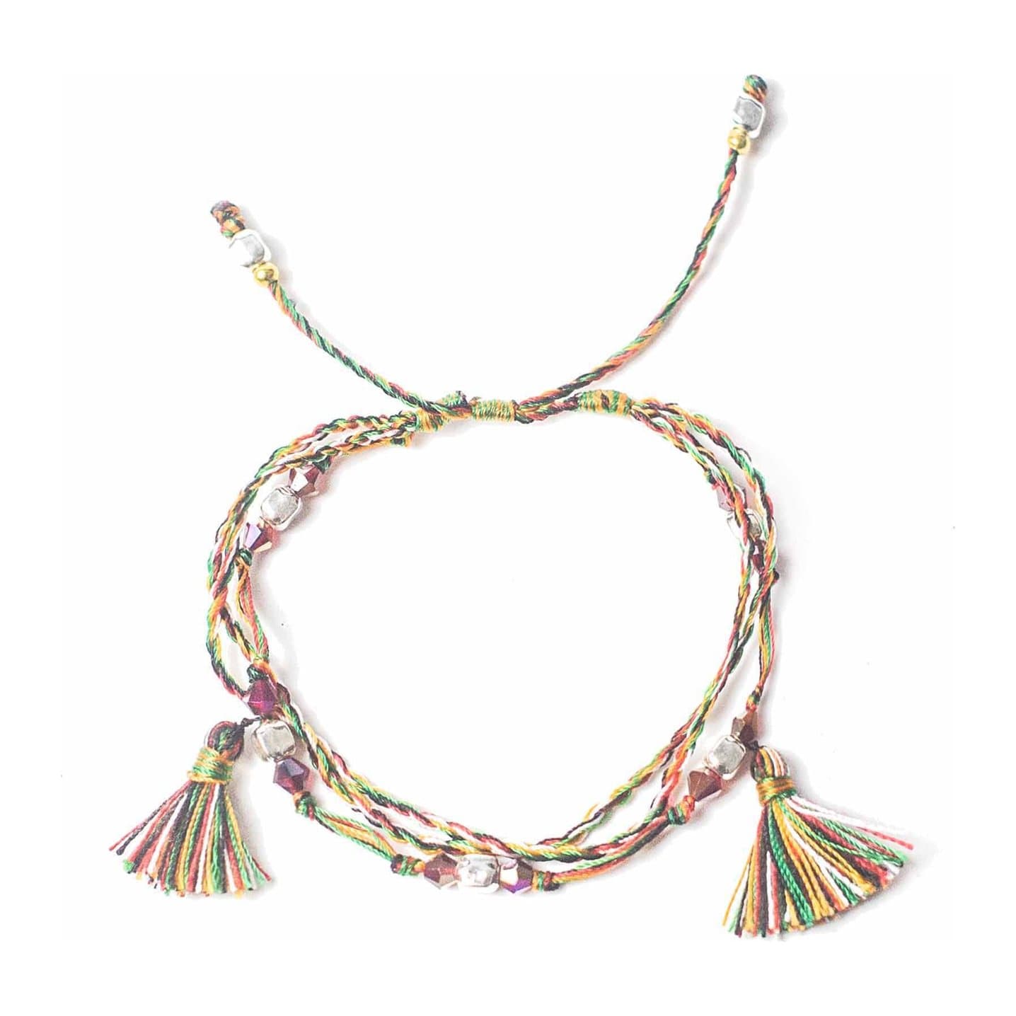 Temple string bracelet with silver beads in five colours