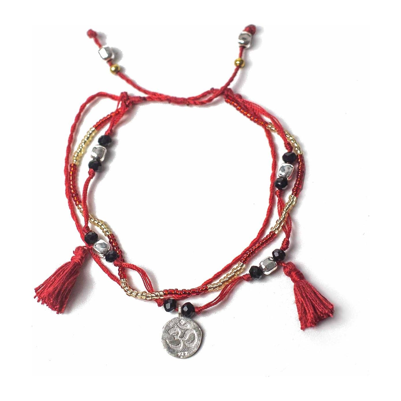 Red string bracelet with silver beads and silver charm