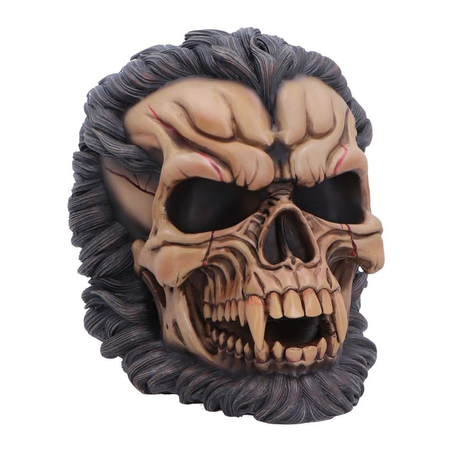 Werewolf skull ornament with dark fur accents and sharp teeth