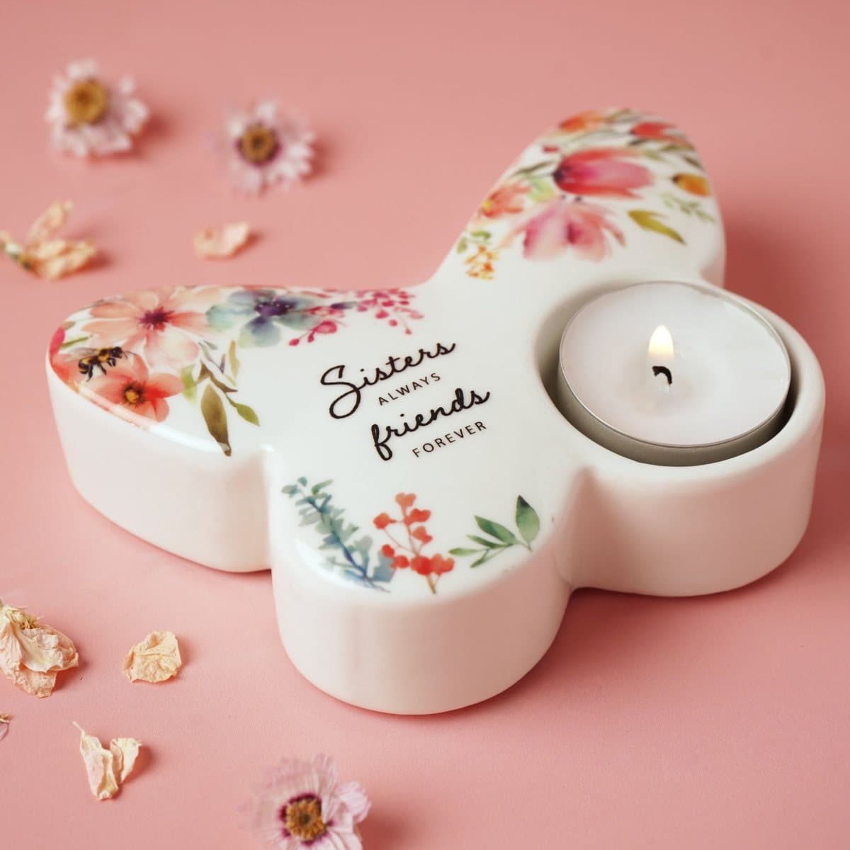 Ceramic butterfly tealight holder with colourful floral detail