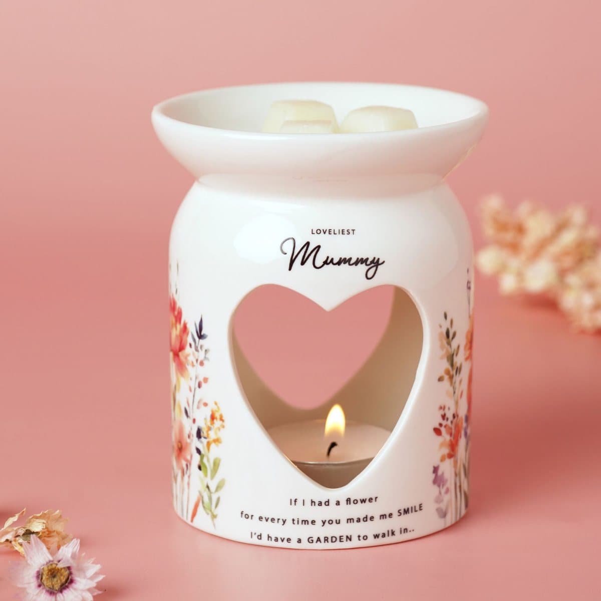 Ceramic wax melt burner with a heart cut-out and floral design titled Mummy