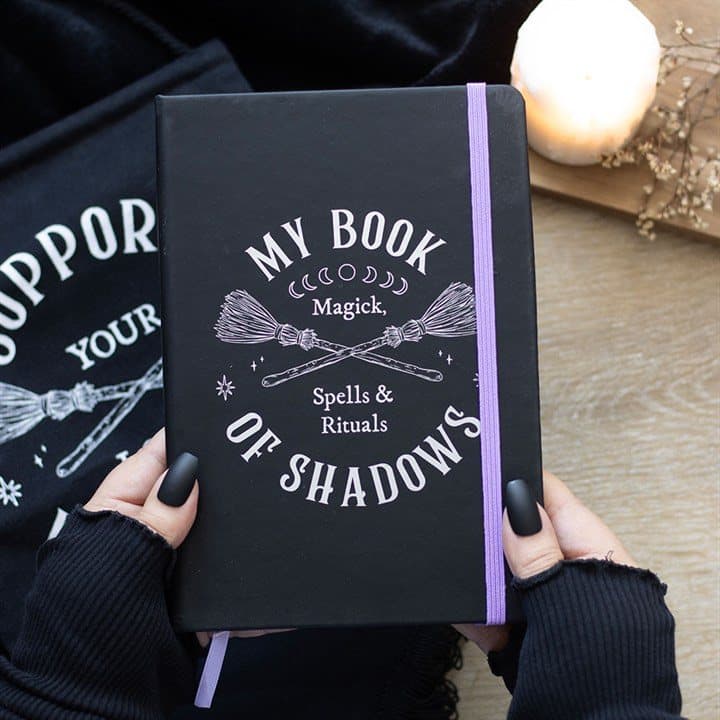 Black A5 Book of Shadows notebook cover with crossed brooms