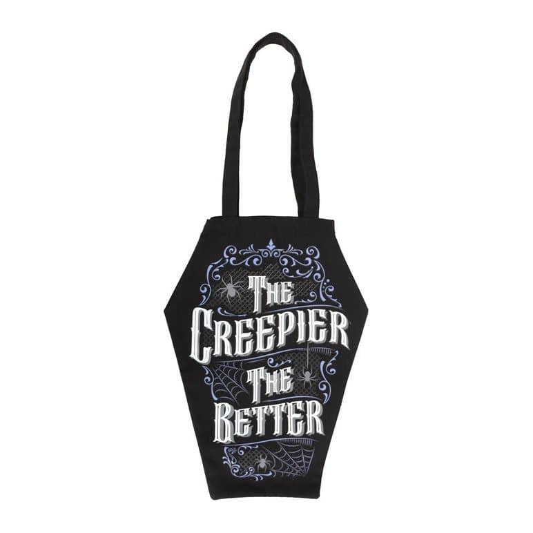 Coffin shaped tote bag with The Creepier the Better text