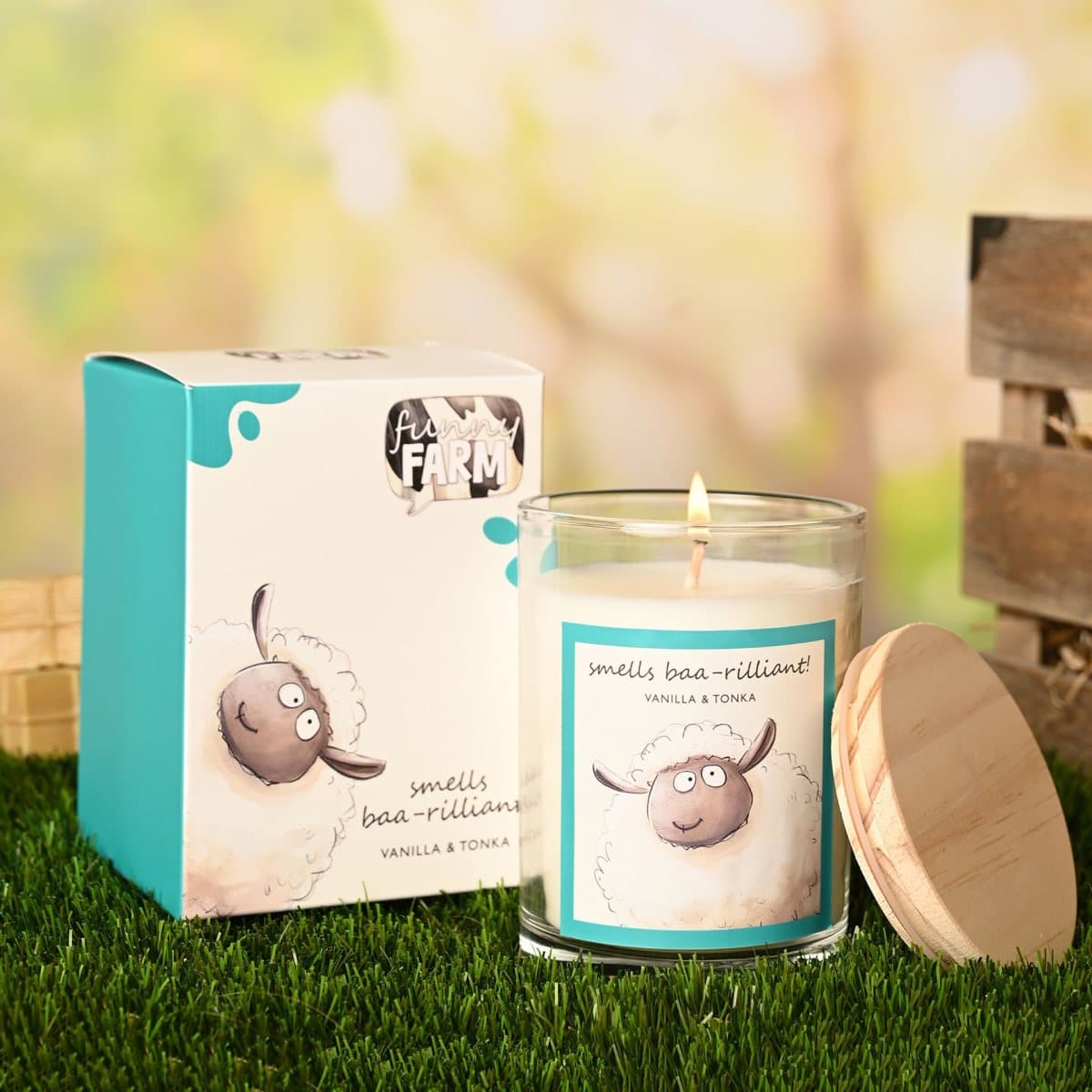 Funny Farm Smells Baa-rilliant candle in a glass jar with illustrated packaging