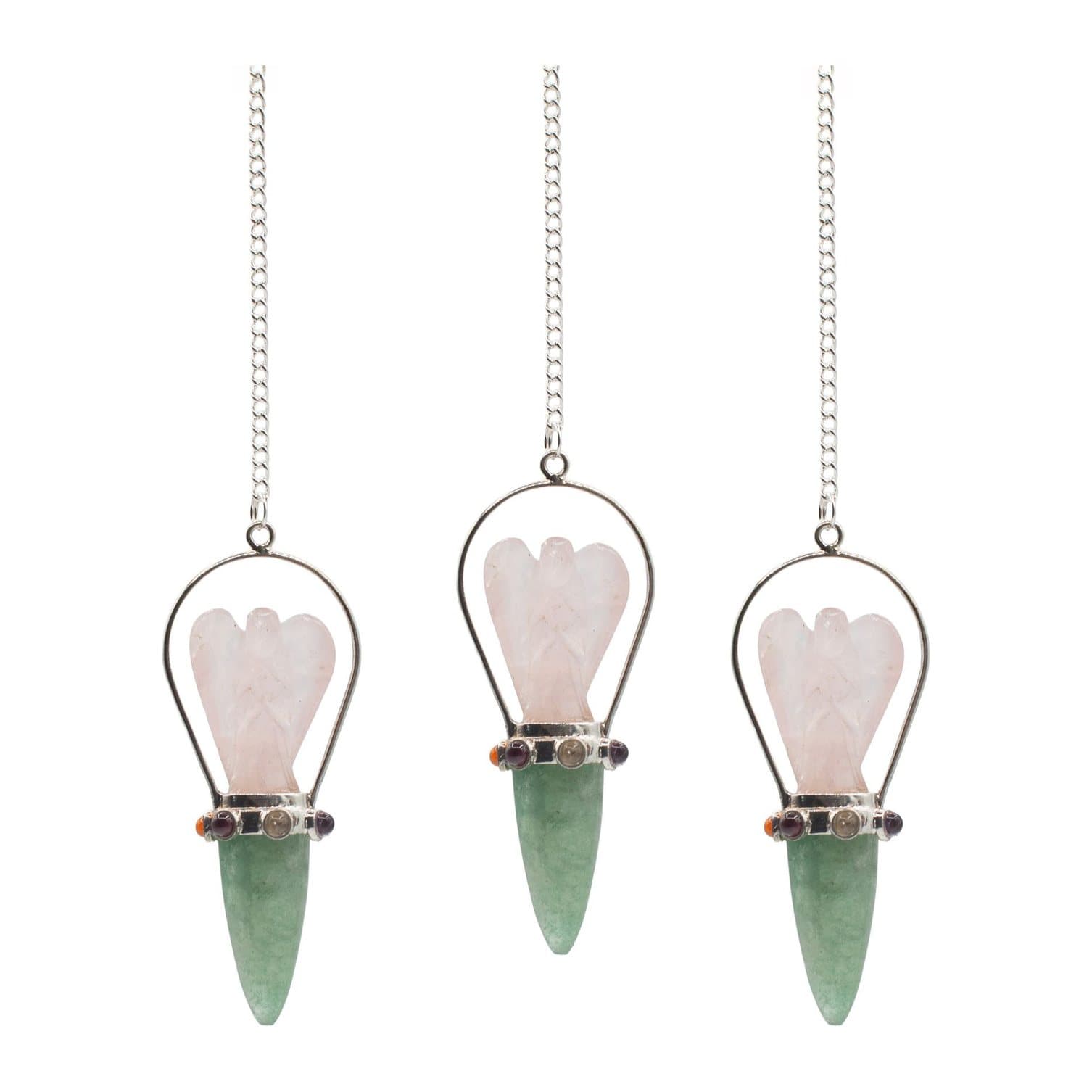 Pink rose quartz angel pendulum with green aventurine point and chakra band