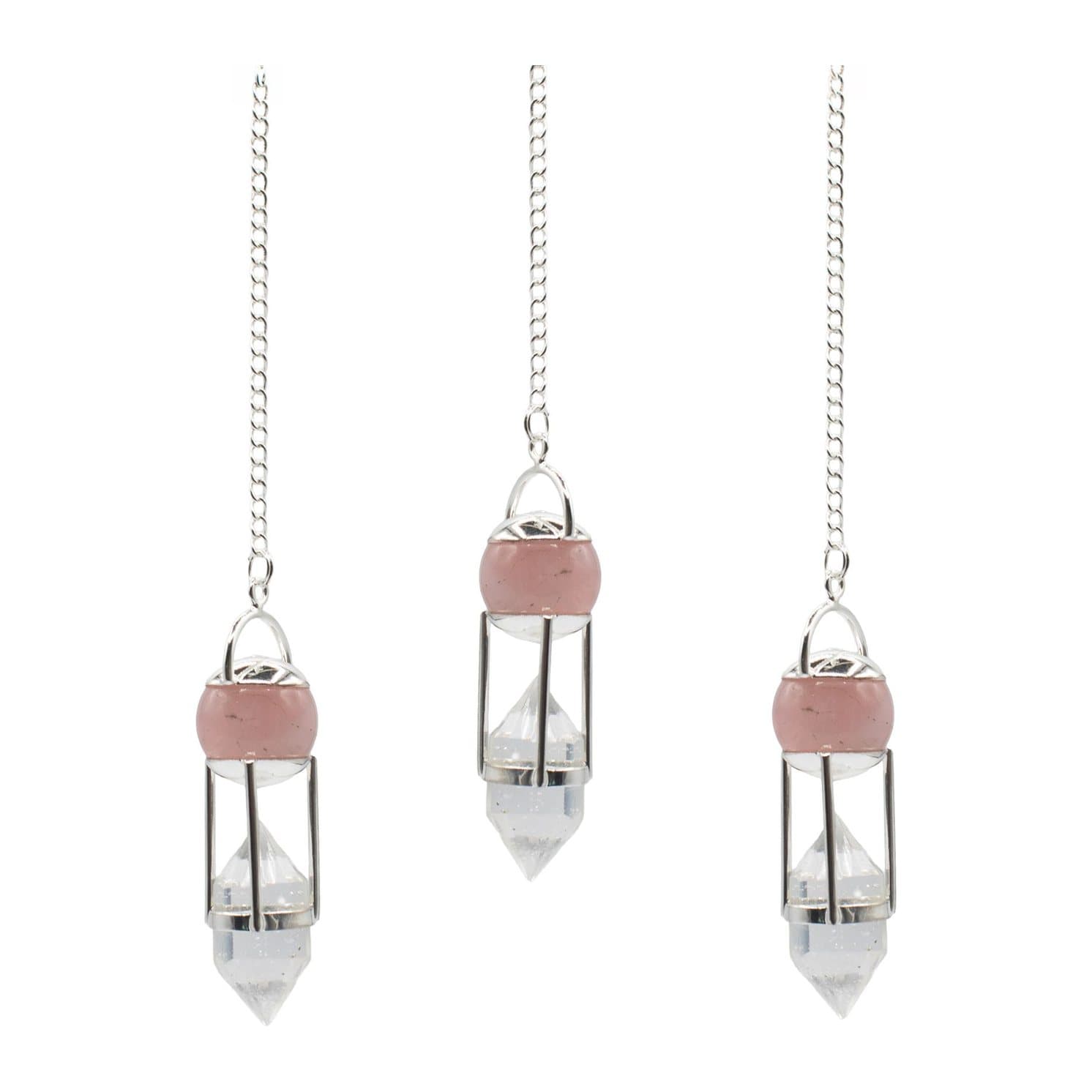 Pendulum with a pink rose quartz globe and clear quartz point on a fine chain