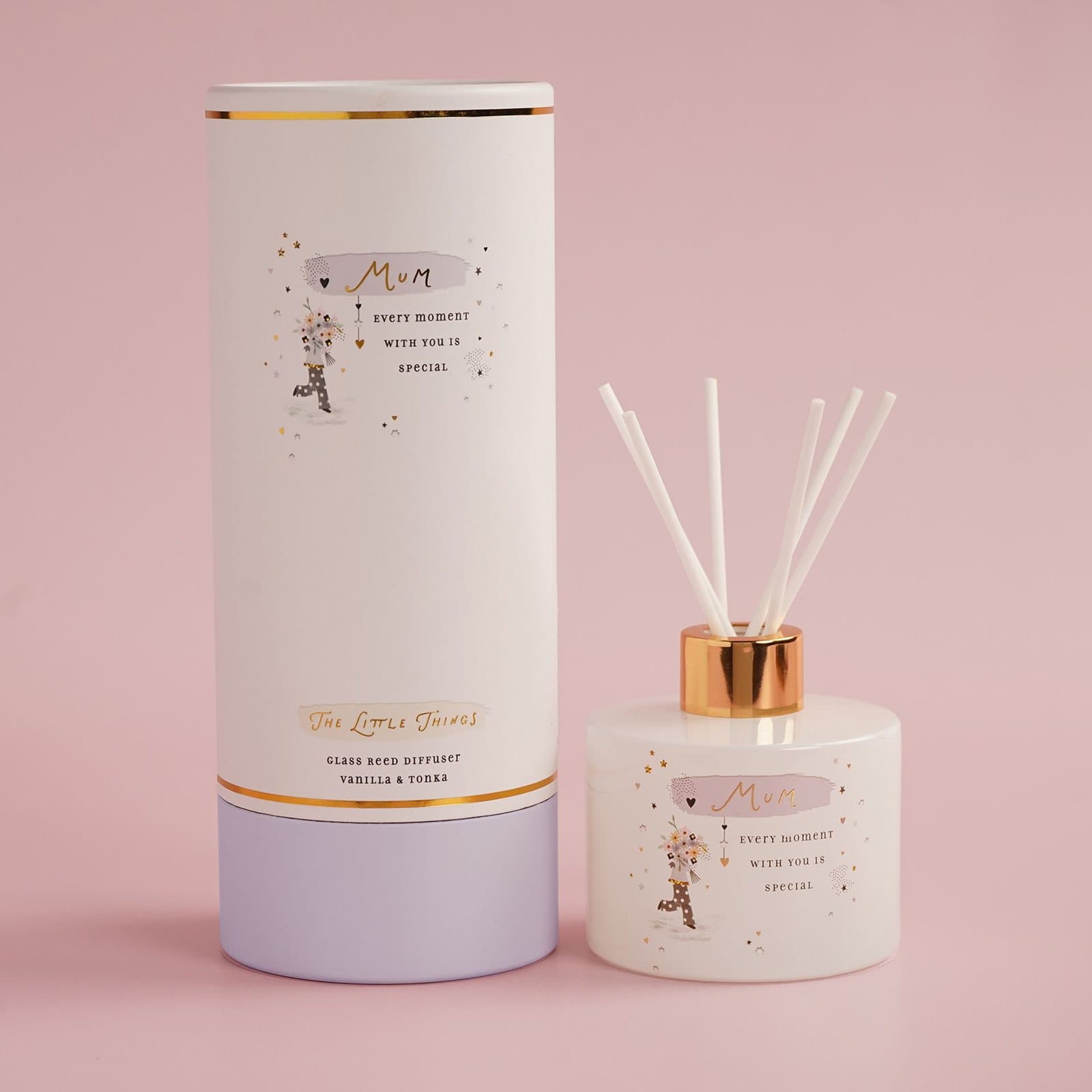 Glass reed diffuser with a mum message beside its cylindrical gift box