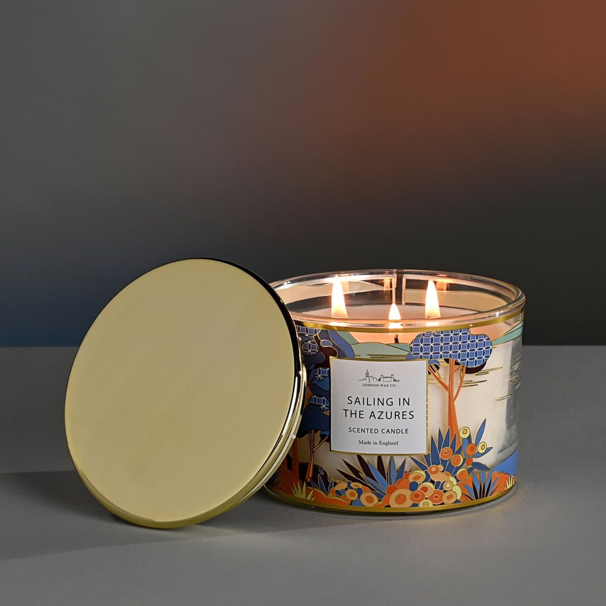 Floral glass jar 3 wick candle with a tropical-themed box