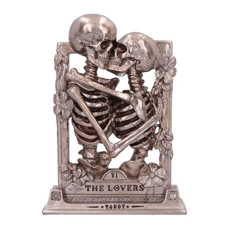 Bronze gothic ornament of two skeleton lovers kissing in a flower frame