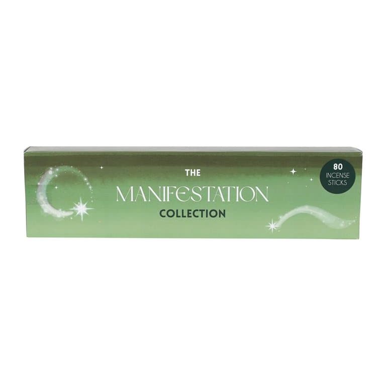 Cardboard display box holding four packs of manifestation collection incense sticks