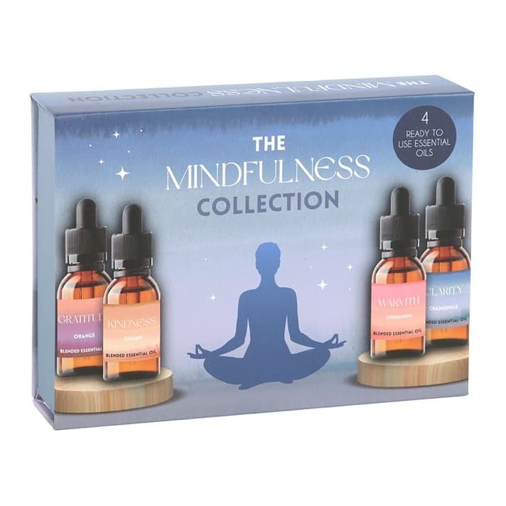Four glass essential oil bottles with dropper lids in a cardboard display box