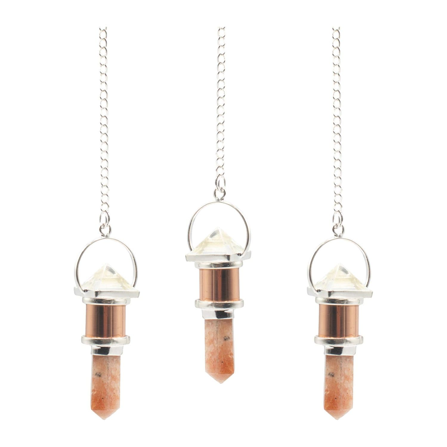 Copper pendulum with clear quartz pyramid and sunstone point