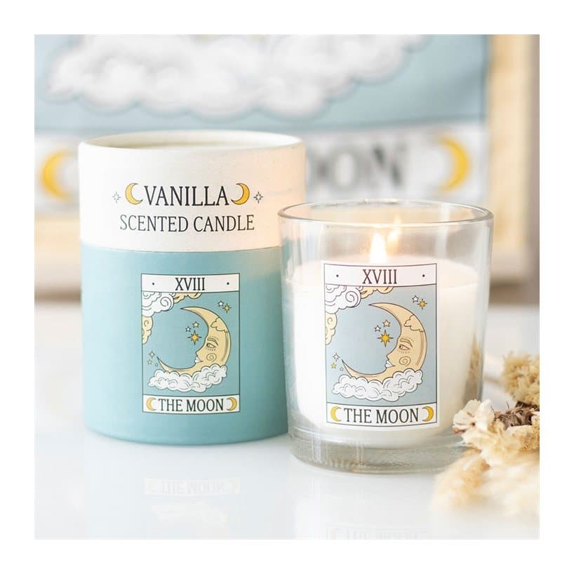 Vanilla candle with a teal The Moon tarot card design
